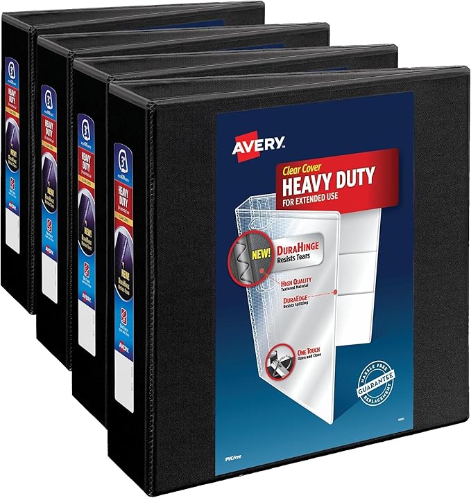 Avery Heavy-Duty View 3 Ring Binder,3 Inch One Touch EZD Rings,670-Sheet Capacity,3.5 Inch Wide Spine,1 Black Binder (79693),(Pack of 4)