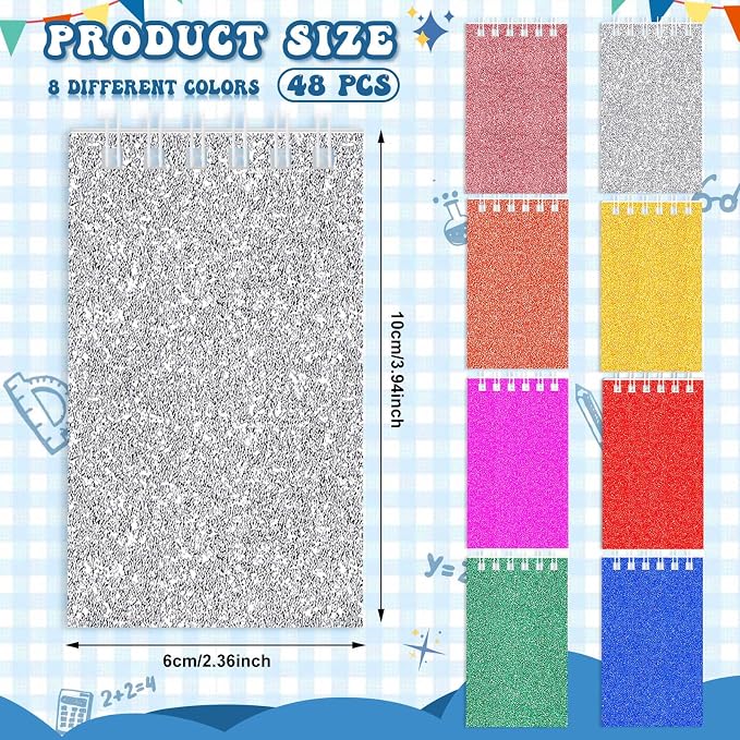 Seajan 48 Pcs Glitter Mini Spiral Notepads for Kids Party Favors Small Prism Notebooks 3.9 x 2.4 Inch Colorful Flash Memo Pads for Girls and Boys Birthday Gift Classroom Rewards 20 Pages Each