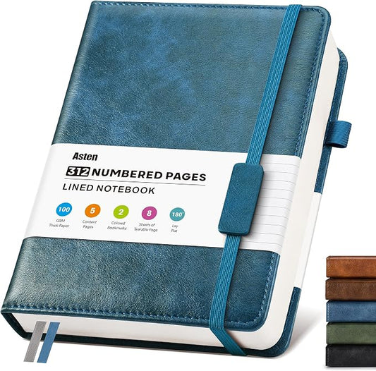 Lined Hardcover Leather Journal Notebook: A5 Journal for Women Men, Blue | 312 Numbered Pages & Content, 100GSM Thick Paper, College Ruled Journals Note Book for Business Work Writing Diary