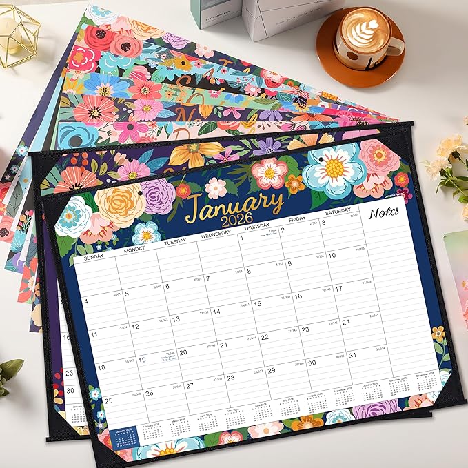 2026 Desk Calendar - Large Desk Calendar 2026, Jan. 2026 - Dec. 2026, 22" x 17", 2026 Calendar 12 Month with Corner Protectors, Desk Pad, To-Do List & Notes, Desk/Wall Calendar for Planning or Organizing - Blue Floral