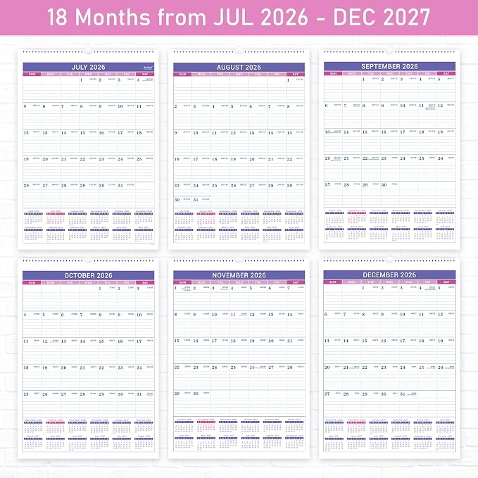 2026-2027 Wall Calendar - July 2026 - December 2027, 2026-2027 Calendar, 18 Months Wall Calendar, 12" x 17", Large Blocks, Spiral Bound