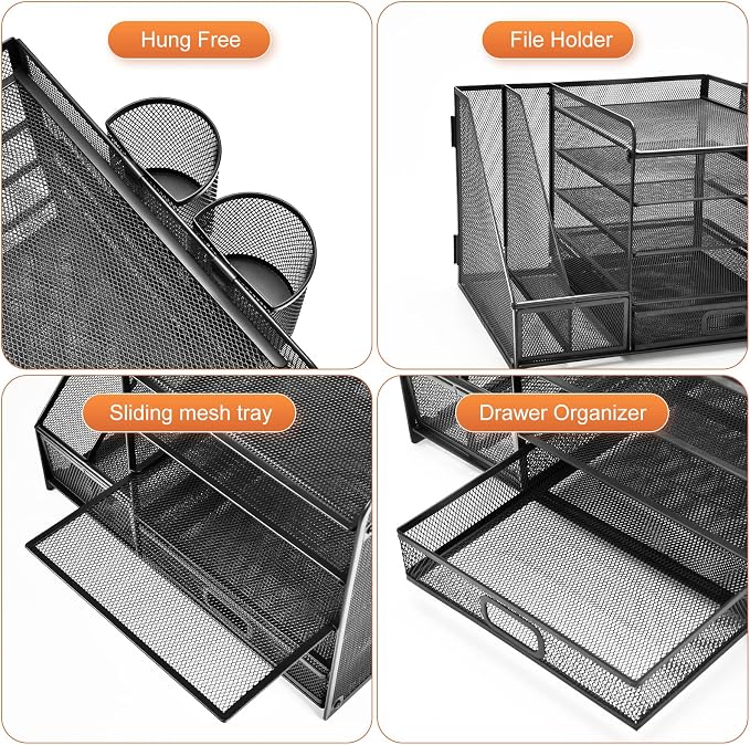 Marbrasse Desk Organizer with File Holder, 5-Tier Paper Letter Tray Organizer with Drawer and 2 Pen Holder, Mesh Desktop Organizer and Storage with Magazine Holder for Office Supplies(Black)