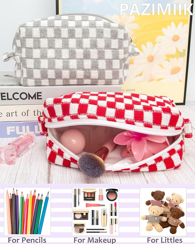 Checkered Makeup Bag for Purse, Small Travel Cosmetic Pouch,Christmas Red | Cute Zipper Makeup Organizer for Women, Travel Essentials, Toiletries, Makeup Brushes, Beauty Accessories&Bridesmaid Gifts