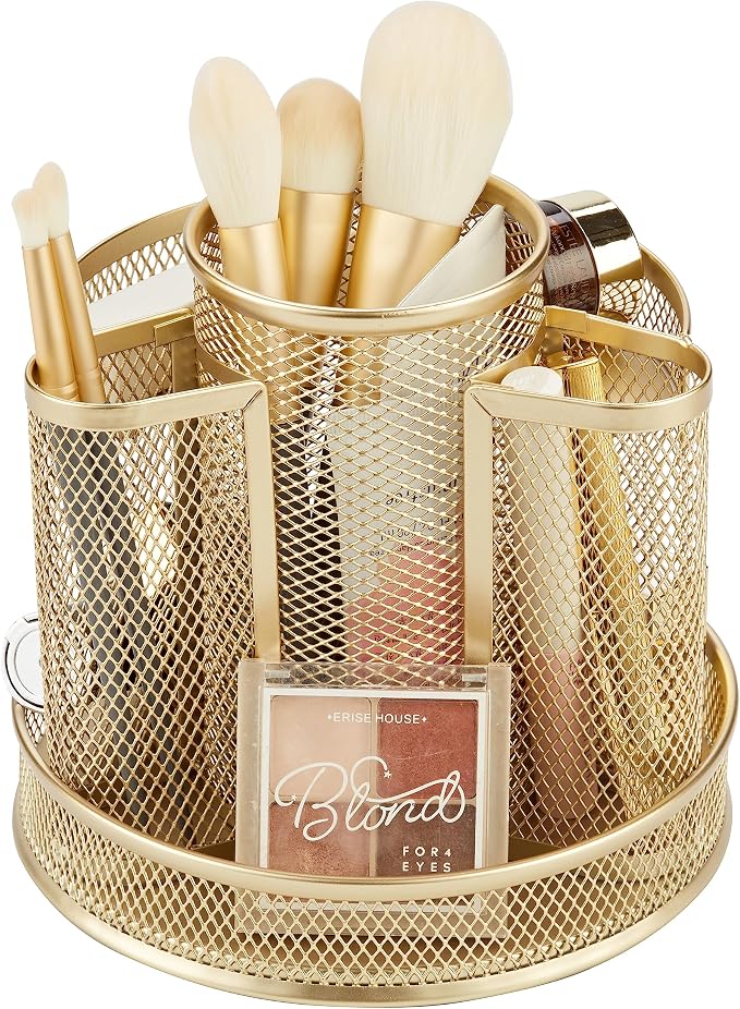 Annova Mesh Desk Organizer Rotate with 5 Compartments Round Spinning Tidy Candy/Pen Holder Desk Accessories Office, Art Supply, Storage, Classroom, Home (Gold)