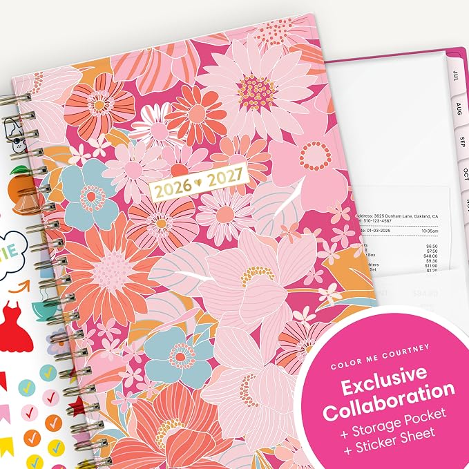 Blue Sky 2026-2027 Weekly & Monthly Academic Planner, 5"x8", Bloom Pink | July 2026 - June 2027, Flexible Cover, Wirebound, Laminated Tabs, Storage Pocket, Stickers, Academic Year, Color Me Courtney