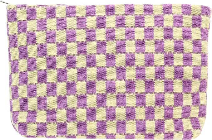 PAZIMIIK Checkered Makeup Bag for Purse, Small Flat Cosmetic Pouch,Purple | Cute Zipper Makeup Organizer for Women, Travel Essentials, Toiletries, Makeup Brushes, Beauty Accessories&Bridesmaid Gifts