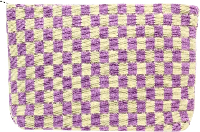 PAZIMIIK Checkered Makeup Bag for Purse, Small Flat Cosmetic Pouch,Purple | Cute Zipper Makeup Organizer for Women, Travel Essentials, Toiletries, Makeup Brushes, Beauty Accessories&Bridesmaid Gifts