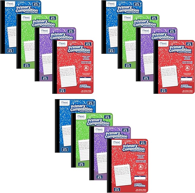 Mead Primary Composition Book, Primary Ruled Journal, Grades K-2, 7-1/2" x 9-3/4", 100 Sheets per Comp Book, Assorted Colors (610053-ECM) (Pack of 12)