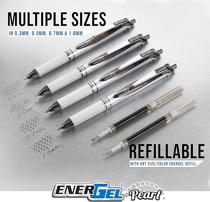 Pentel EnerGel Pearl RTX Gel Pen, 0.7mm, Assorted Ink, 4 count | Retractable, Medium Line, Needle-tip, Black Pink Blue and Purple ink