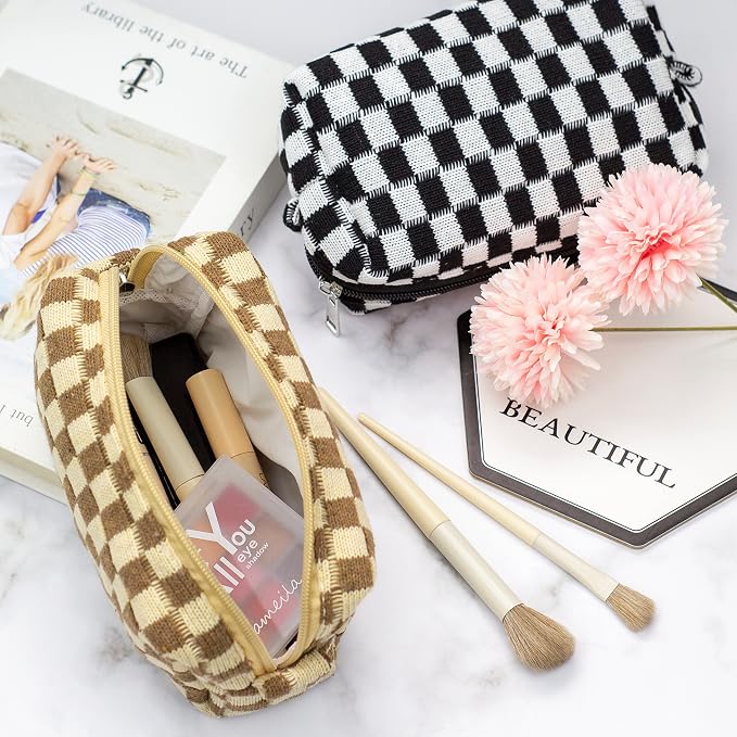Checkered Makeup Bag for Purse, Small Travel Cosmetic Pouch,Coffee,2 Pack | Cute Zipper Makeup Organizer for Women, Travel Essentials, Toiletries, Makeup Brushes, Beauty Accessories&Bridesmaid Gifts