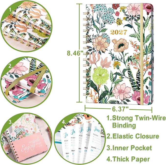 2027 Planner – Weekly ＆ Monthly Planner 2027, Jan. 2027 – Dec. 2027, 6.4" x 8.5" with Tabs, Flexible Hardcover, Thick Paper, Strong Twin-Wire Binding, Back Pocket, Inspirational Quotes ＆ Notes