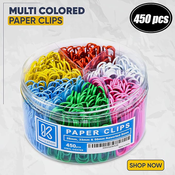 Kempshott 450 Color Paper Clips Assorted Sizes Small, Medium and Large Paper Clips for Paperwork Ideal for Home, School and Office Use (Assorted, Multicolored)