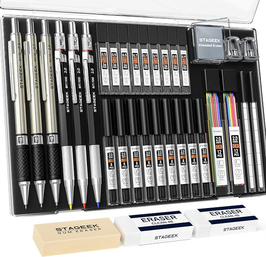 STAGEEK Mechanical Pencil Set with Case 34 Count, Drawing Pencils 0.5, 0.7, 0.9MM & 3PCS 2MM Sketching Pencils with 384PCS Lead Refills (6B 4B 2B HB 2H 4H Color) for Artist Drafting Drawing Writing