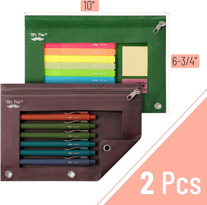 Mr. Pen- Pencil Pouch for 3 Ring Binder, 2 Pack, 10"x6.75", Smooth Zipper | Clear Window, Large Capacity Pencil Case with 3 Reinforced Grommets for School, Office, Supplies Storage | Clear Window, Large Capacity Pencil Case with 3 Reinforced Grommets f...