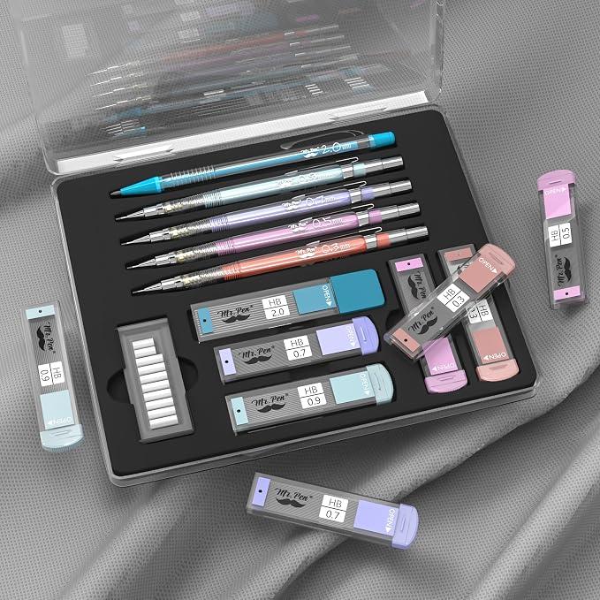 Mr. Pen- Pastel Mechanical Pencil Set, 5 Mechanical Pencils (0.3, 0.5, 0.7 | 0.9, 2.0mm), 5 HB Lead Refills & 10 Eraser Refills, Precision Drawing Pencils for Sketching, Writing & Technical Artwork