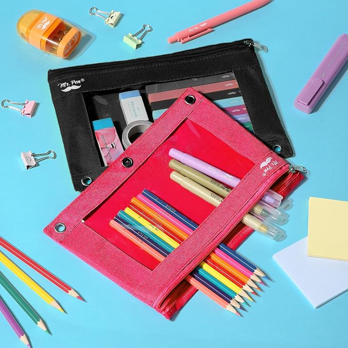 Mr. Pen- Pencil Pouch for 3 Ring Binder, 2 Pack, 10"x6.75", Smooth Zipper | Clear Window, Large Capacity Pencil Case with 3 Reinforced Grommets for School, Office, Supplies Storage | Clear Window, Large Capacity Pencil Case with 3 Reinforced Grommets f...