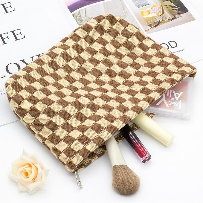 PAZIMIIK Checkered Makeup Bag for Purse, Small Flat Cosmetic Pouch,Coffee | Cute Zipper Makeup Organizer for Women, Travel Essentials, Toiletries, Makeup Brushes, Beauty Accessories&Bridesmaid Gifts