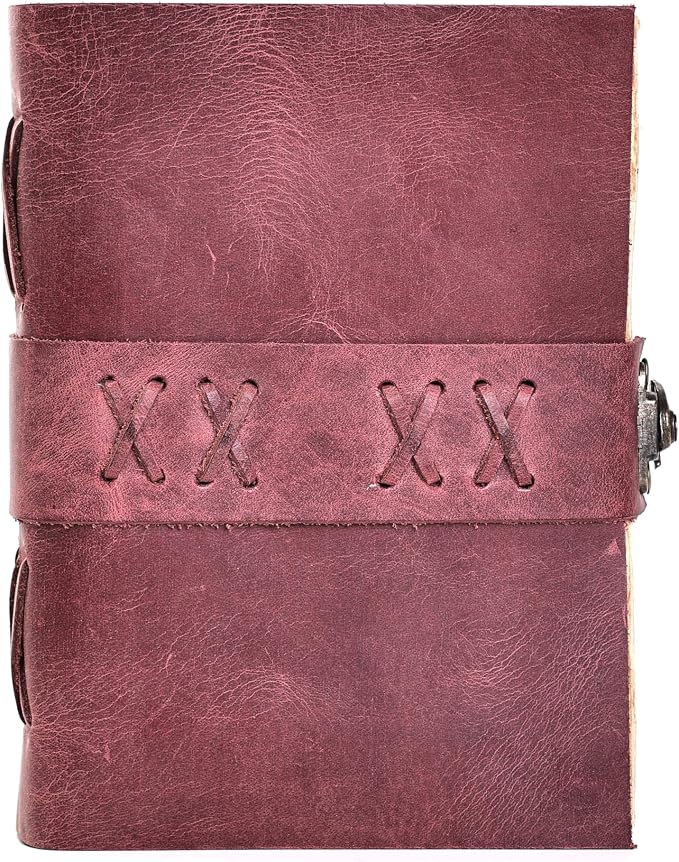 Leather Bound Vintage Journal for Women & Men – Book of Shadows – Lock Closure – 200 Pages of Antique Deckle Edges Handmade Paper (Burgundy, 6 x 4 inches)