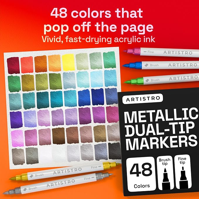 ARTISTRO 48 Metallic Acrylic Paint Markers - Paint Pens for Drawing - For Fabric, Rock, Glass, Wood, Molds - Arts & Crafts Gift for Adults, Teens, Kids, Classroom Must Haves & School Supplies