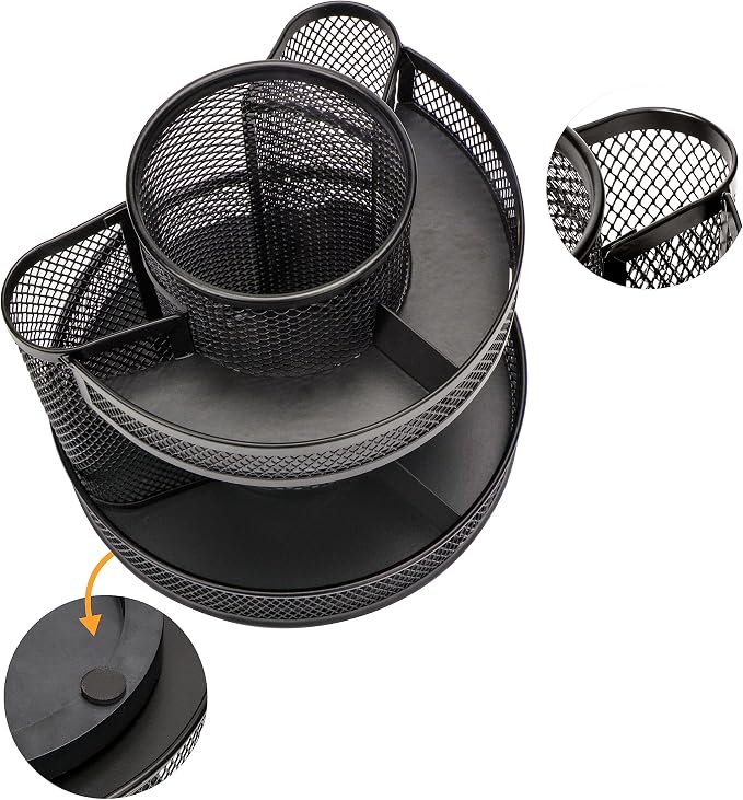 Annova Mesh Desk Organizer Rotate with 5 Compartments Round Spinning Tidy Candy/Pen Holder Desk Accessories Office, Art Supply, Storage, Classroom, Home (Black)