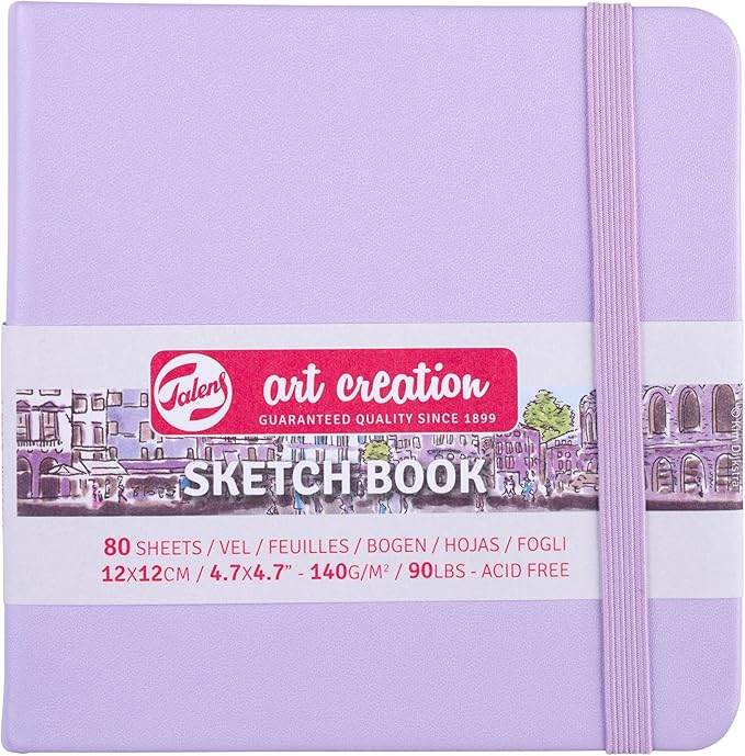 Talens Art Creation Sketchbook, Pastel Violet, 80 Sheets, 4.7 x 4.7 in | Hard-Bound Pocket Notebook, 140 GSM/94 lbs Paper, Acid-Free Cream Blank Paper, Ribbon Bookmark and Elastic Closure