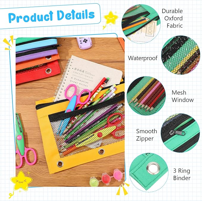 Zhehao 300-Count Mesh Pencil Pouch for 3 Ring Binder with Zipper and Double Pocket, Bright Color, School Supplies