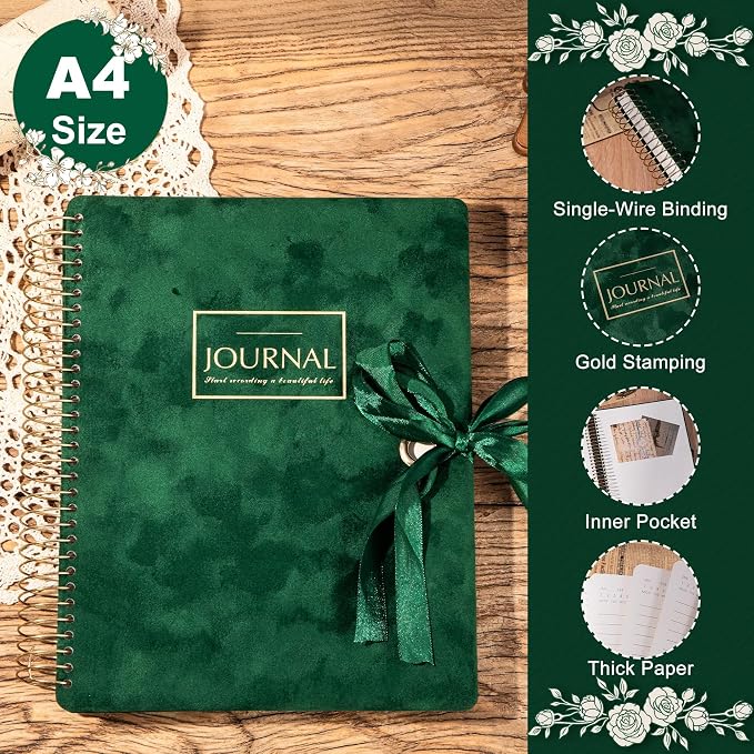 Flying Eagle Spiral Notebook, Velvet Hardcover, 8.5 x 11 in, Green | 300 Lined pages, Vintage Journal for Women & Men, Comes with Premium Gift Box for Writing