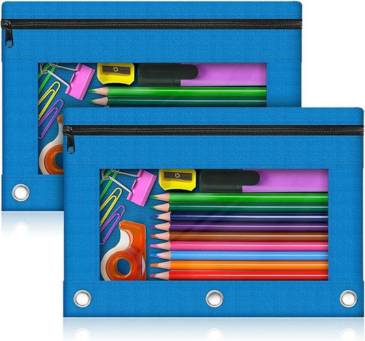 Pencil Pouch for 3 Ring Binder, 2 Pack Pencil Bags with Zipper, Blue Pencil Case for Classroom School Office Supplies, Large Sturdy and Durable Cloth Pencil Pocket for 3 Holder Binder