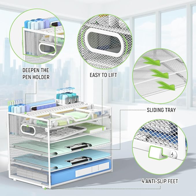 Docnest 5 Tier Mesh Desk Organizer with Removable Tray&Pen Holder, White | Features 3 detachable pen holders and 4 removable dividers.Versatile mesh desktop storage for mail, document,office supplie