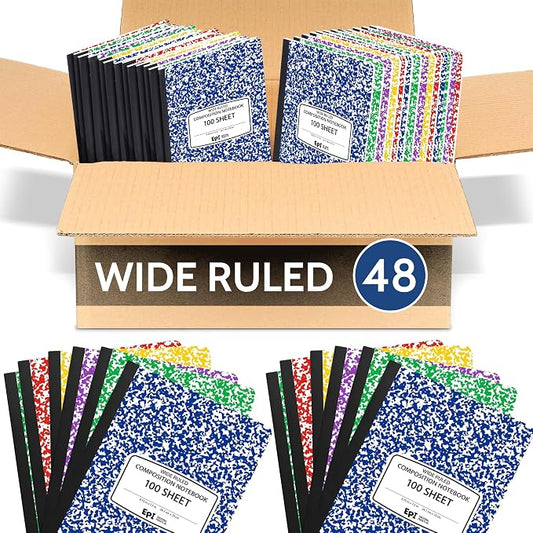 48 Pack - EPI Wide Ruled Composition Notebook Assorted Marble Colors - 200 Pages (100 Sheets), 9-3/4 x 7-½ - Classroom Back to School Supplies, Heavy Duty, Durable Hardcover Office Notebooks, Sewn