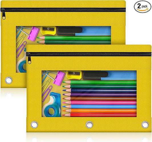 Pencil Pouch for 3 Ring Binder, 2 Pack Pencil Bags with Zipper, Yellow Pencil Case for Classroom School Office Supplies, Large Sturdy and Durable Cloth Pencil Pocket for 3 Holder Binder