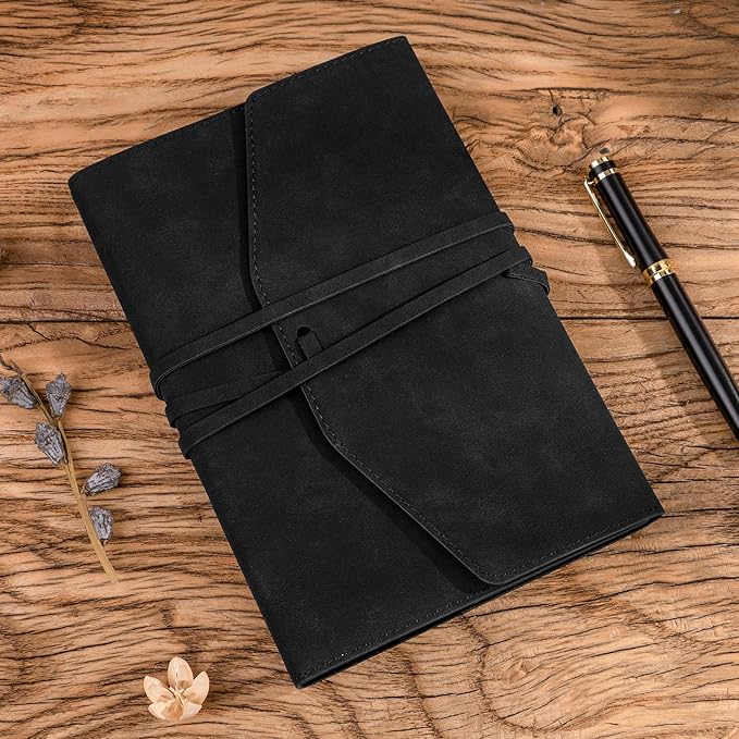 MINICAGIE Vintage Journal for Women Men Leather Bound Junk Journal Notebook 160 Pages Scrapbook Book of Shadows Journals for Writing Diary Travel Journaling Sketching, 5.9x 8.6 in, Soft Cover, Black
