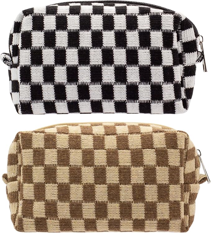 Checkered Makeup Bag for Purse, Small Cosmetic Pouch,Black Coffee,2 Pack | Cute Zipper Makeup Organizer for Women, Travel Essentials, Toiletries, Makeup Brushes, Beauty Accessories&Bridesmaid Gifts