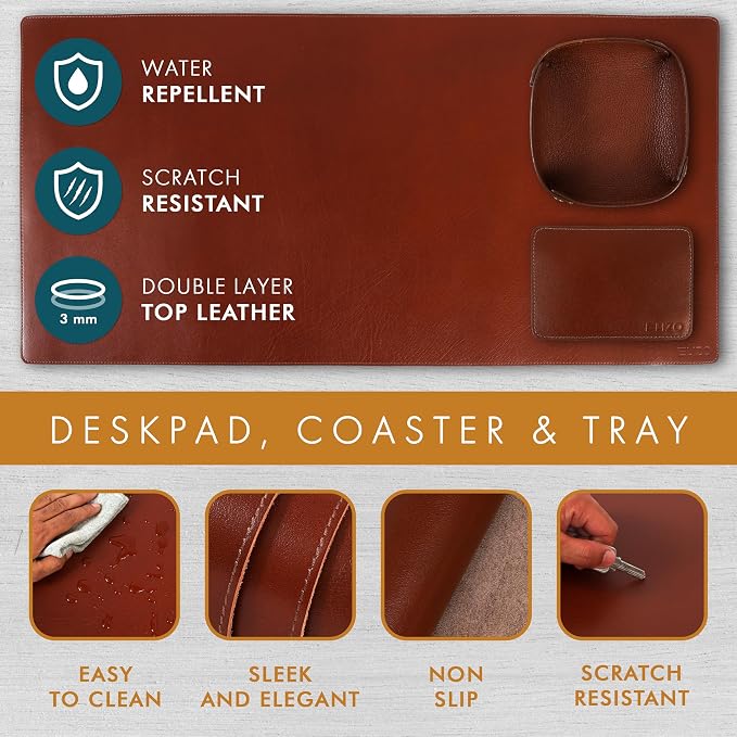 ELIZO Leather Desk Pad Real Leather Desk Mat Thick (3mm) Double Layer (32x16) Cover Blotter Desk Protector Large Computer Mat for Keyboard Mouse Pad Table Laptop Mat Office Accessories - Camel