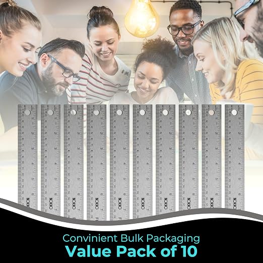 NOKKO 18 Inch Metal Ruler with Cork Backing, Pack of 10 - Flexible Stainless Steel Straight Edge Ruler with Inches and Centimeters, Non-Slip Backing for Precision and Stability