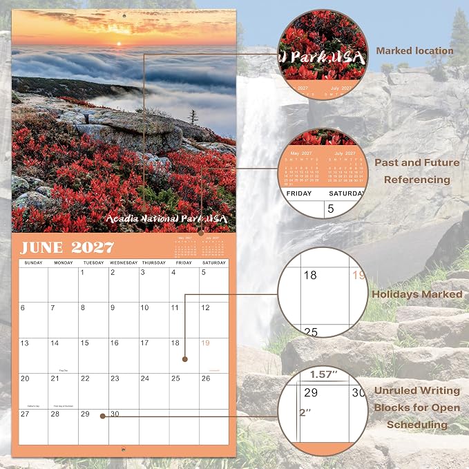 Calendar 2026-2027 - Wall Calendar, Jul 2026 - Dec 2027, 12'' × 24''(Open) | Wall Calendars 2026-2027 with Thick Paper, Large Blocks, Hanging Holes, National Parks Wall Calendar