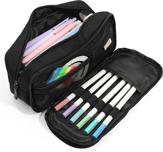 SUNEE Pencil Case, Large Capacity Pencil Pouch, Extra Big Pencil Bag with 6 Compartments, Durable Canvas Pencil Box for Office Stationery Organizer, Back to School Supplies for Teen Boys Girls, Black
