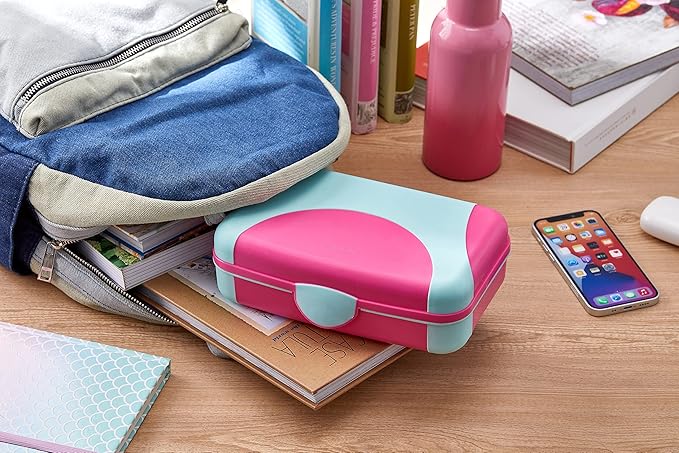 LockerMate by Bostitch Hard Pencil Case, Durable Plastic Pencil Box, Kid-Friendly Design, Pink & Blue