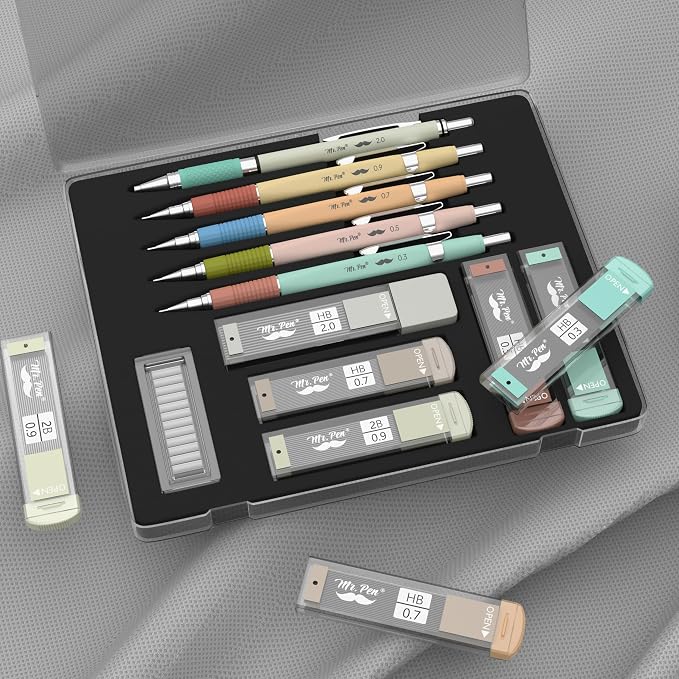 Mr. Pen- Art Mechanical Pencil Set, 5 Metal Mechanical Pencils (0.3, 0.5 | 0.7, 0.9, 2.0mm), 5 HB Lead Refills & 10 Eraser Refills, Precision Drawing Pencils for Sketching, Writing & Technical Artwork