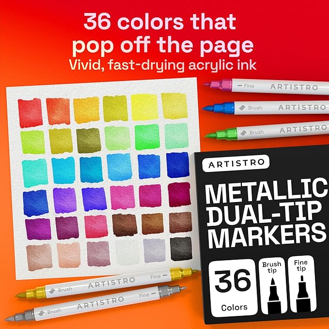 ARTISTRO 36 Metallic Acrylic Paint Markers - Paint Pens for Drawing - For Fabric, Rock, Glass, Wood, Molds - Arts & Crafts Gift for Adults, Teens, Kids, Classroom Must Haves & School Supplies