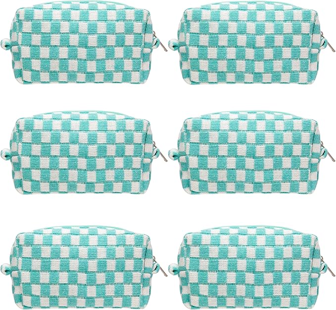 Checkered Makeup Bag for Purse, Small Cosmetic Pouch,Arctic Blue,6 Pack | Cute Zipper Makeup Organizer for Women, Travel Essentials, Toiletries, Makeup Brushes, Beauty Accessories&Bridesmaid Gifts