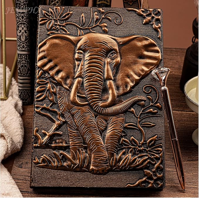 3D Elephant Vintage Leather Journal Writing Notebook with Pen Set,Antique Handmade Leather Daily Notepad Sketchbook,Travel Diary&Notebooks to Write in,Elephant Journal Gift for Men Women
