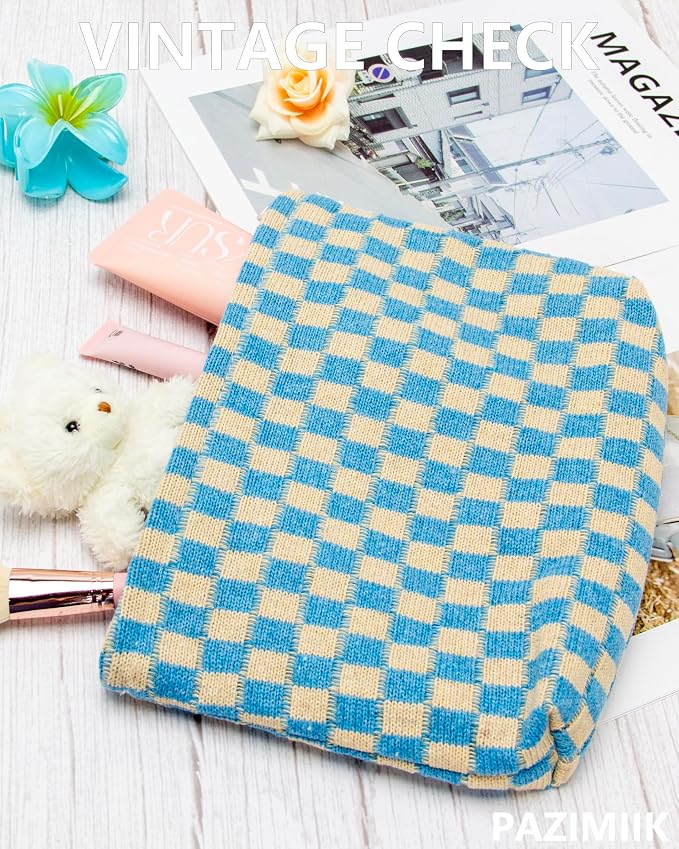 Checkered Makeup Bag for Purse, Small Flat Cosmetic Pouch,Blue Beige | Cute Zipper Makeup Organizer for Women, Travel Essentials, Toiletries, Makeup Brushes, Beauty Accessories&Bridesmaid Gifts