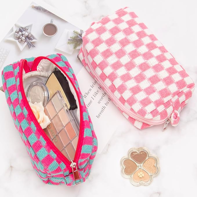 Checkered Makeup Bag for Purse, Small Travel Cosmetic Pouch,Pink,6 Pack | Cute Zipper Makeup Organizer for Women, Travel Essentials, Toiletries, Makeup Brushes, Beauty Accessories&Bridesmaid Gifts