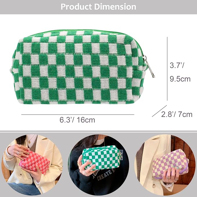 Checkered Makeup Bag for Purse, Small Travel Cosmetic Pouch,Green,6 Pack | Cute Zipper Makeup Organizer for Women, Travel Essentials, Toiletries, Makeup Brushes, Beauty Accessories&Bridesmaid Gifts