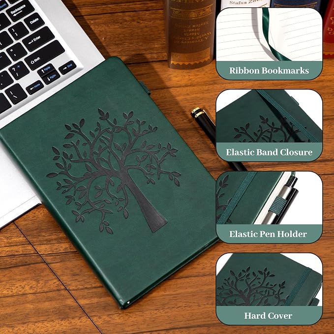 CAGIE Leather Bound Journal for Men & Women, A5 Lined Notebook with 320 Numbered Pages, 100 GSM Thick Paper, Lay Flat Hardcover Journal for Writing, Work, Travel & Daily Use (Green)