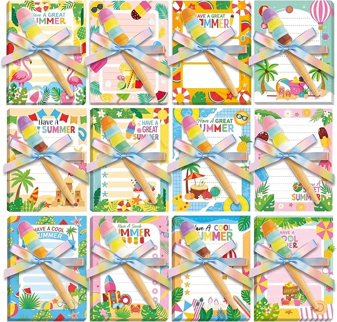 Eaasty 48 Pcs End of The Year Gifts Bulk Summer Notepads and Ice Cream Ballpoint Pens with Ribbon Graduation Last Day of School Gifts for Student Teacher Classroom Party Favor