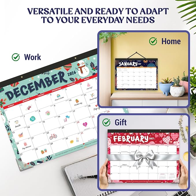 Decorably 18 Months Colorful Assorted Academic Desk Calendar 2026-2027 January 2026 to June 2027, 11x17in Easy Tear-Off Sheets with Inspirational Quotes & Stickers for Office, Home & School