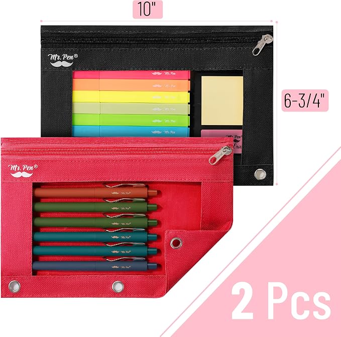 Mr. Pen- Pencil Pouch for 3 Ring Binder, 2 Pack, 10"x6.75", Smooth Zipper | Clear Window, Large Capacity Pencil Case with 3 Reinforced Grommets for School, Office, Supplies Storage | Clear Window, Large Capacity Pencil Case with 3 Reinforced Grommets f...