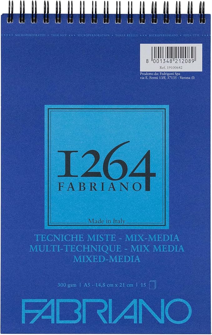Fabriano Honsell 19100642 19100642-Fabriano Mix Media Spiral Pad 1264 300 g/m² DIN Natural White Medium Grain Paper Acid Suitable for All Different Techniques White A5 15 Sheets